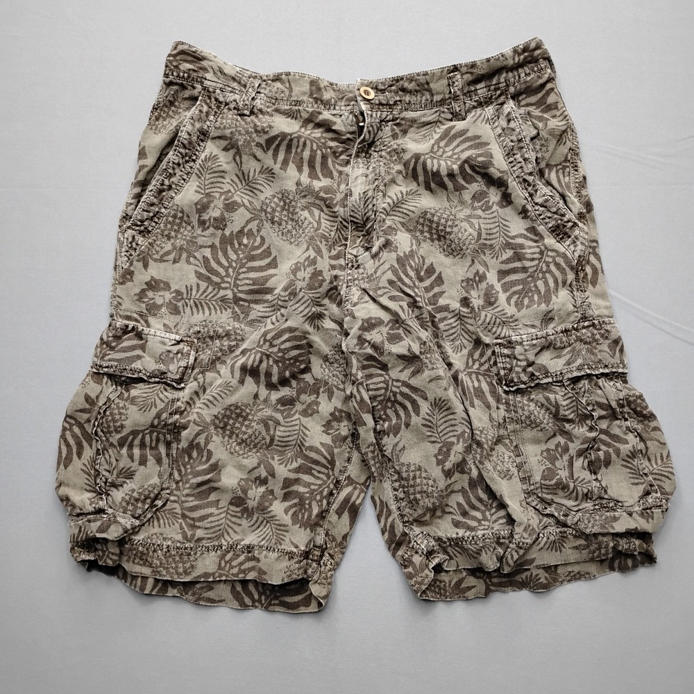 Tommy Bahama Relax Mens 36 Linen Cargo Shorts Brown Tropical Pineapple Floral